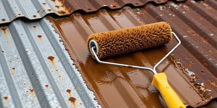 Worker uses brown paint roller on corrugated metal roof surface. Old rusty tin sheets undergo restoration, coating process. Handyman applies protective layer to weathered construction material for