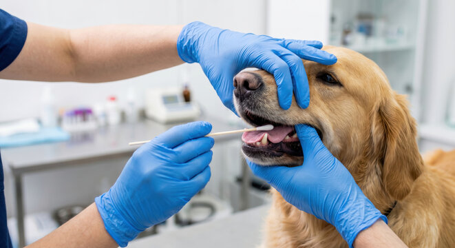 Veterinarian dog mouth swab zoonotic disease test in clinic with gloved hand and golden retriever