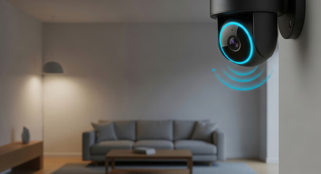 Smart home security camera with ai technology for eldercare monitoring in modern living room with sofa and lamp