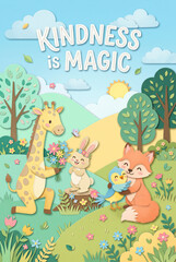 Fototapeta premium Kindness Is Magic: Cute Animals in a Sunny Landscape