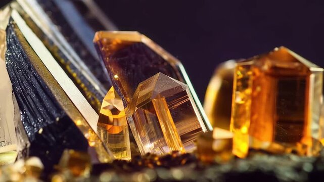 Golden Crystal Formation: Close-up macro shot of a cluster of amber-colored crystals, showcasing their intricate facets and translucent beauty, evoking a sense of mineral wonder and natural geometry.