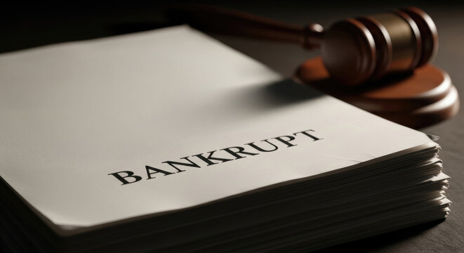 Bankruptcy legal document with judge gavel on desk, financial crisis, debt relief, insolvency law, court procedure, legal services, business failure, copy space for legal and finance concepts.