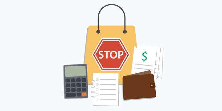 Shopping bag, wallet, stop symbol, calculator and spending checklist. Impulse purchase prevention concept scene. Smart spending control and buying decision process. 
