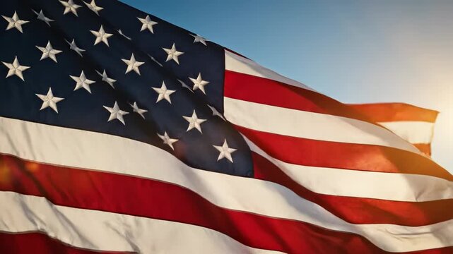 American flag waving against sunset sky