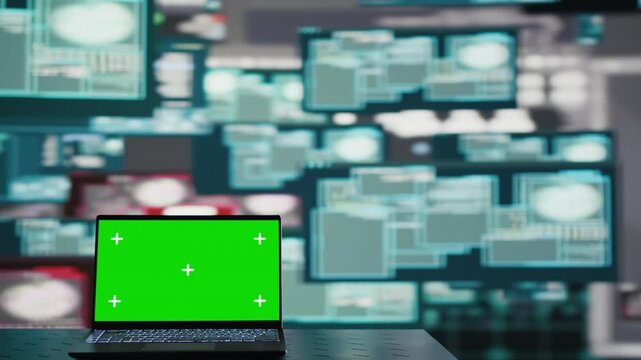 A laptop green screen is surrounded by quantum threat and dark web graphics, connecting identity theft, password cracking, system override and cybercrime.