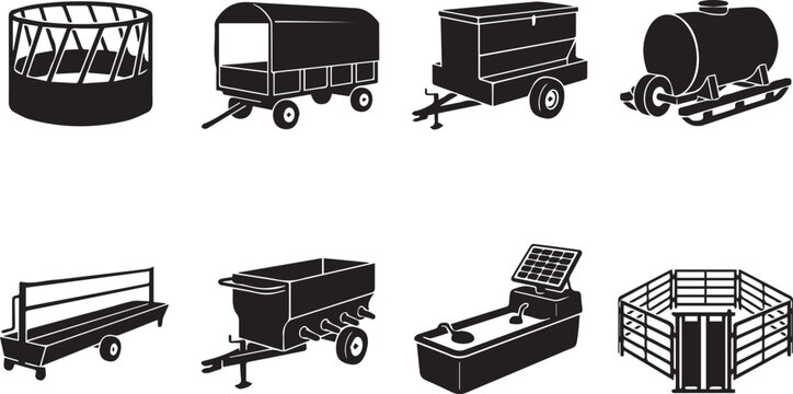 Black and white set of agricultural livestock feeding and watering equipment, including hay feeders, trailers, and troughs