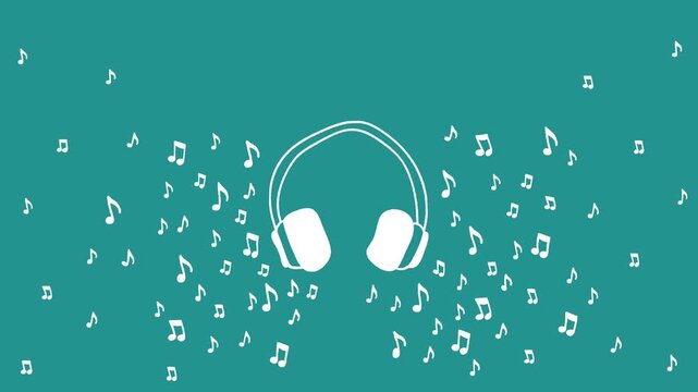 Animated headphones with musical notes flowing around on a teal background creating a sense of music and sound.