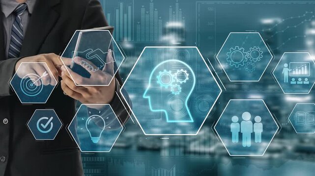 Head with gear and icons representing learning, digital training, and development process, showing skill growth for human or AI systems through knowledge or task optimization Marrow