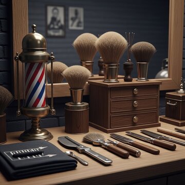 Barber shop tools and accessories on a wooden table near a mirror