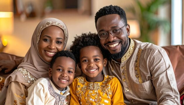 African Muslim family smiling together in a living room.