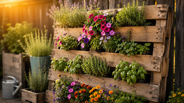 A rustic wooden pallet garden displaying colorful flowers and green herbs, bathed in warm sunlight outdoors.