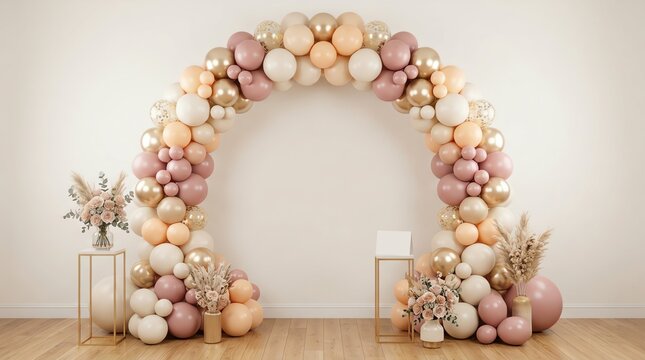 Elegant balloon arch decoration featuring soft pastel colors gold accents and floral arrangements for a beautiful festive wedding celebration event