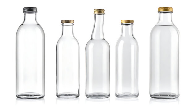collection of empty transparent glass bottles with metal caps on a white background, isolated objects