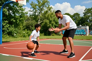 Fototapeta premium Father and son play basketball on outdoor court. Young boy dribbles ball while dad watches. People enjoy active hobby together on sunny day.