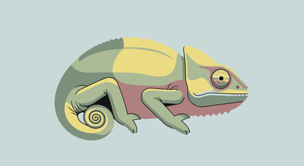 Stylized illustration of a colorful chameleon with curled tail on light background. © Ikbalizt