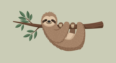 Cute sloth hanging on tree branch with green leaves illustration. © Ikbalizt
