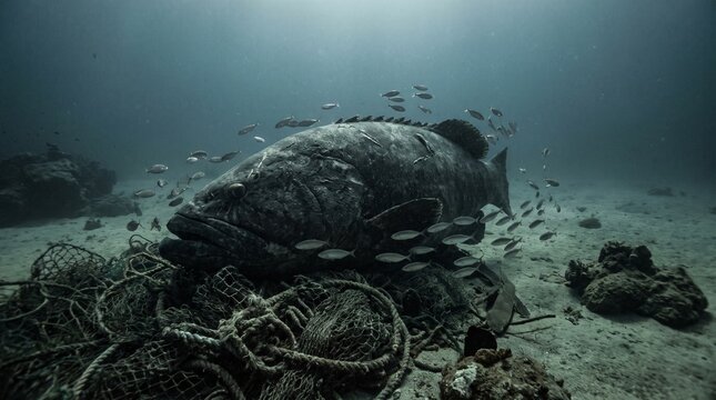 Large grouper fish surrounded by smaller fish underwater with fishing nets