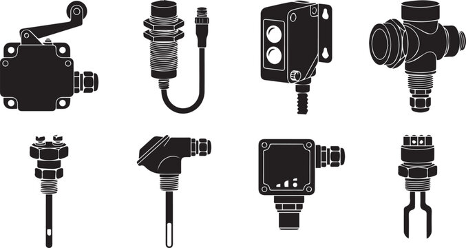 Set of black industrial sensor including limit switches, proximity sensors, temperature probes, and automation control components
