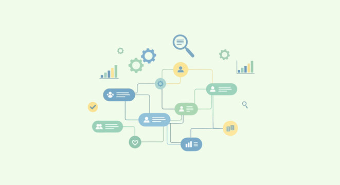 Illustration of interconnected digital workflow and data management system.