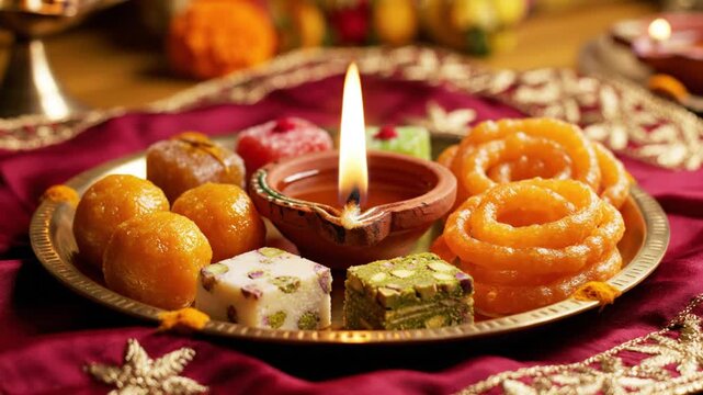 Diwali Celebration Still Life Featuring Illuminated Oil Lamp and Traditional Sweet Treats on Golden Plate