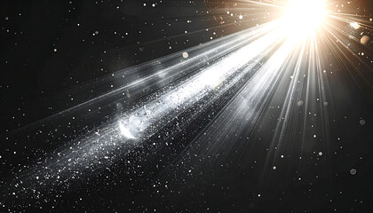Fototapeta premium Bright light beam shining from upper right corner, illuminating sparkling dust particles in a dark, atmospheric space, sense of wonder and magic
