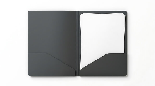 Open black presentation folder with two pockets and papers isolated on white background