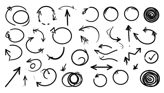collection of hand drawn arrows and circles, scribbled design elements, checkmark symbol and target icons, imperfect sketchy style