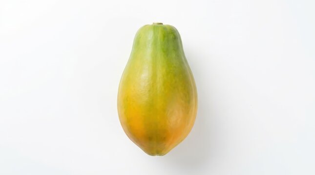 A single whole papaya fruit displaying smooth elongated skin, captured in a widescreen composition. This high resolution image showcases the natural colors of a ripe tropical fruit for food display.