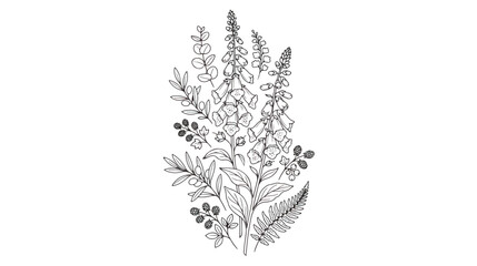 Vintage botanical line art bouquet, hand drawn wildflower floral arrangement vector, black and white meadow herbs and foxglove illustration © Rafay