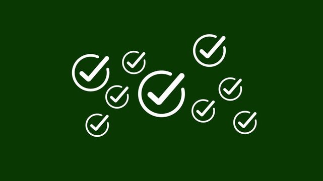 Animated check mark pattern on dark green background, for business success, and task completion, tick approve