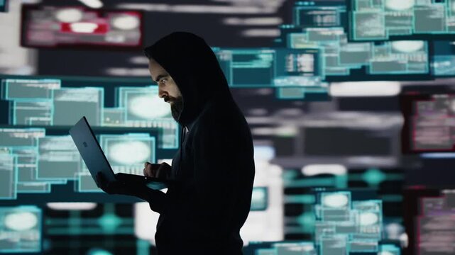 Hacker operates in stealth mode while coding a network breach, bypassing firewalls and exploiting security weaknesses for unauthorized system access and digital infiltration.