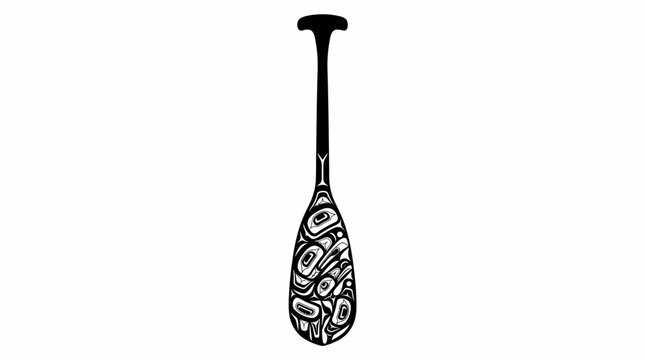 stylized illustration of a canoe paddle featuring traditional Haida tribal artwork, characterized by intricate black and white designs on a plain white background.