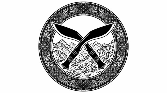 black and white vector illustration of an ornate circular emblem showcasing two crossed kukri daggers set against a backdrop of a mountainous landscape, all encircled by intricate 