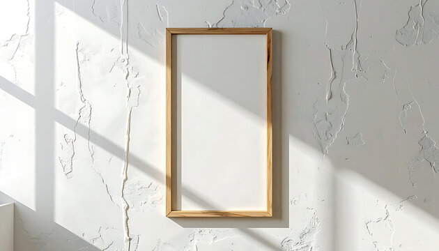 Blank wooden framed picture hanging on a textured wall with dappled sunlight and shadow patterns, ideal for mockup display