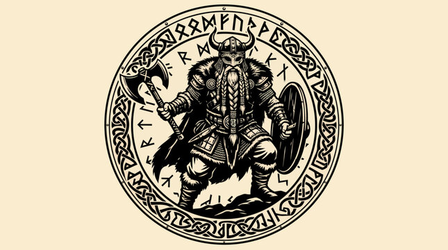 vector illustration of a Viking berserker wearing armor and a horned helmet, holding an axe and shield within a circular frame adorned with runes and Celtic knotwork.