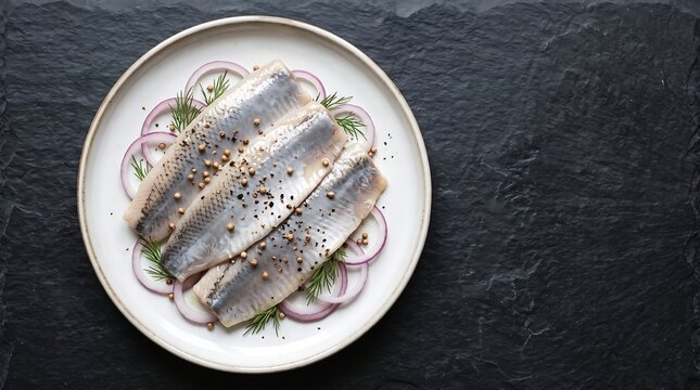 Marinated herring fillets with red onion and dill on a plate over dark stone slate background