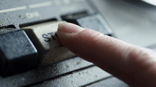 Macro close up shot of dusty vintage control console button with stop text label in audio equipment