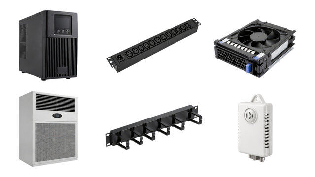 Array of data center and server rack equipment including a UPS tower, rack PDU, server fan module, wall AC unit, rack cable manager and a plug-in vented device