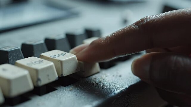 Perspective view of dusty vintage audio device control panel with multiple stop buttons