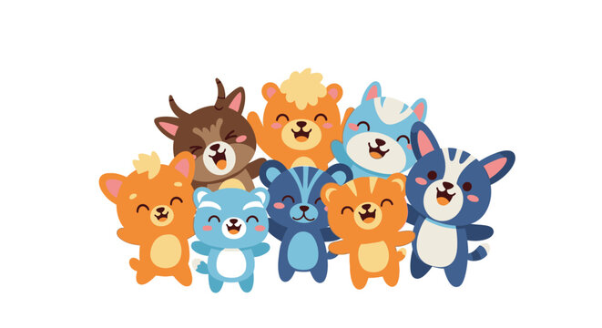 A group of cute animals are standing together in a line.
