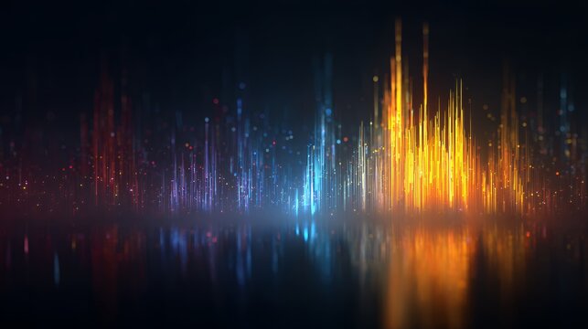 Abstract colorful glowing sound wave equalizer, digital audio spectrum lines with reflection, futuristic data visualization background