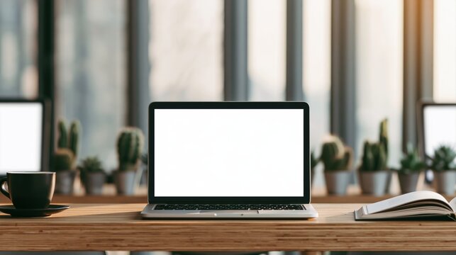 Laptop with blank screen on a wooden desk computer workspace in a bright office
