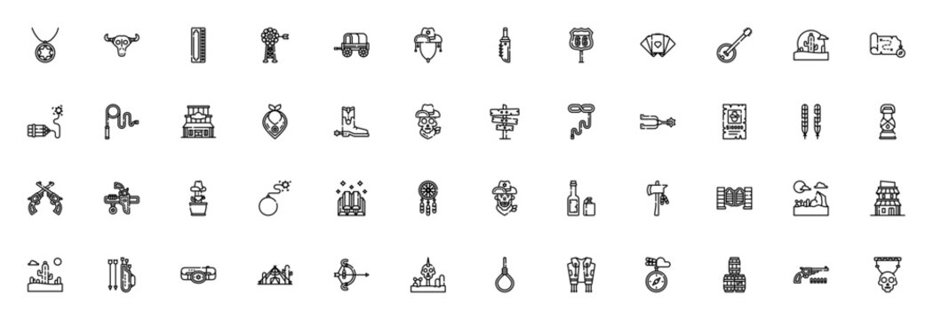 Wild West icon set. Minimalist thin line vector icons pack. Featuring sheriff, cowboy hat, cactus, revolver, map, dynamite, skull, and more. Editable stroke.