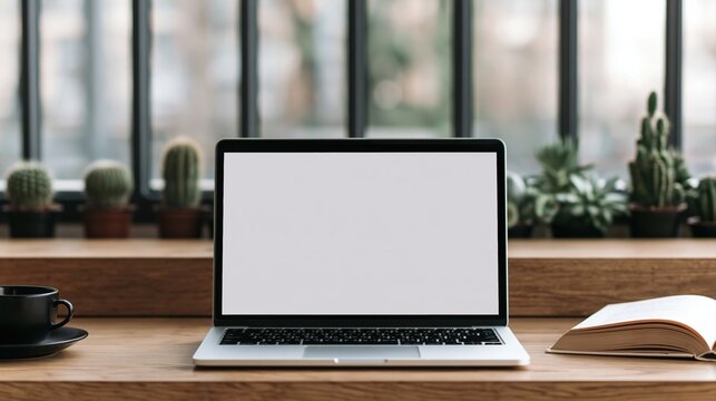 Laptop computer with blank screen mockup on a wooden desk in a bright workspace
