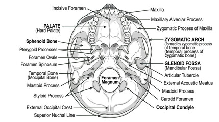 Human Skull Base Anatomy Diagram - Inferior View with Labels © Duren