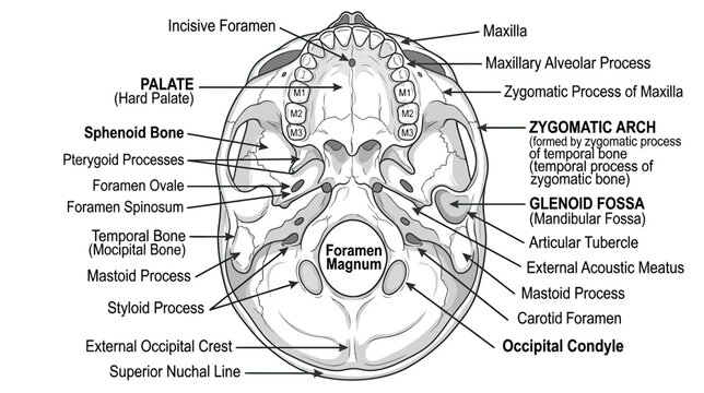 Human Skull Base Anatomy Diagram - Inferior View with Labels