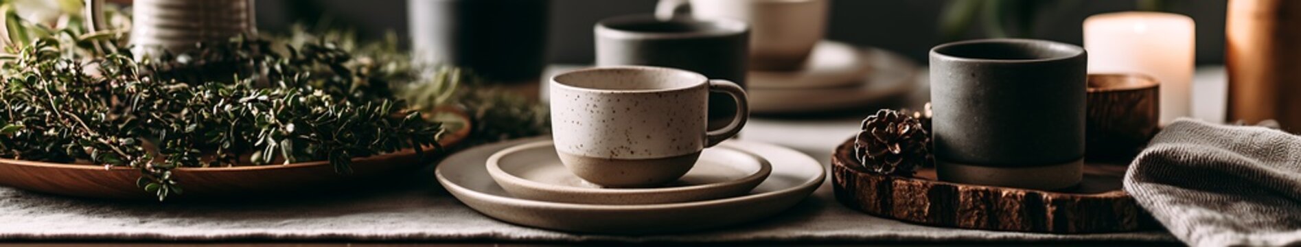 Rustic ceramic cup and stacked plates on a winter holiday table with greenery, pinecone and soft candlelight