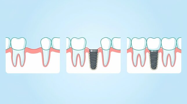 Dental implant procedure stages showing missing tooth replacement process.