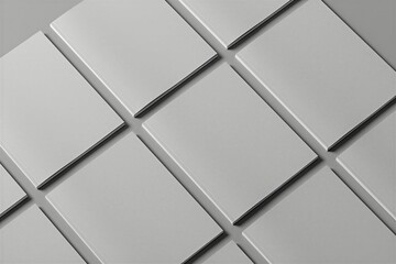 Naklejka premium Top view of multiple blank white magazine covers arranged in grid layout on grey background. Clean minimal mockups provide space for graphic design branding presentation. Pro stationery display shows