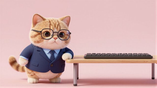 Glasses-wearing cat in suit stands beside desk with keyboard, pink background.
